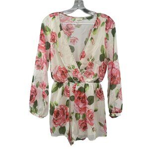 Audrey Womens Floral Romper Surplice Top Long Sleeve Multicolor Size Medium
